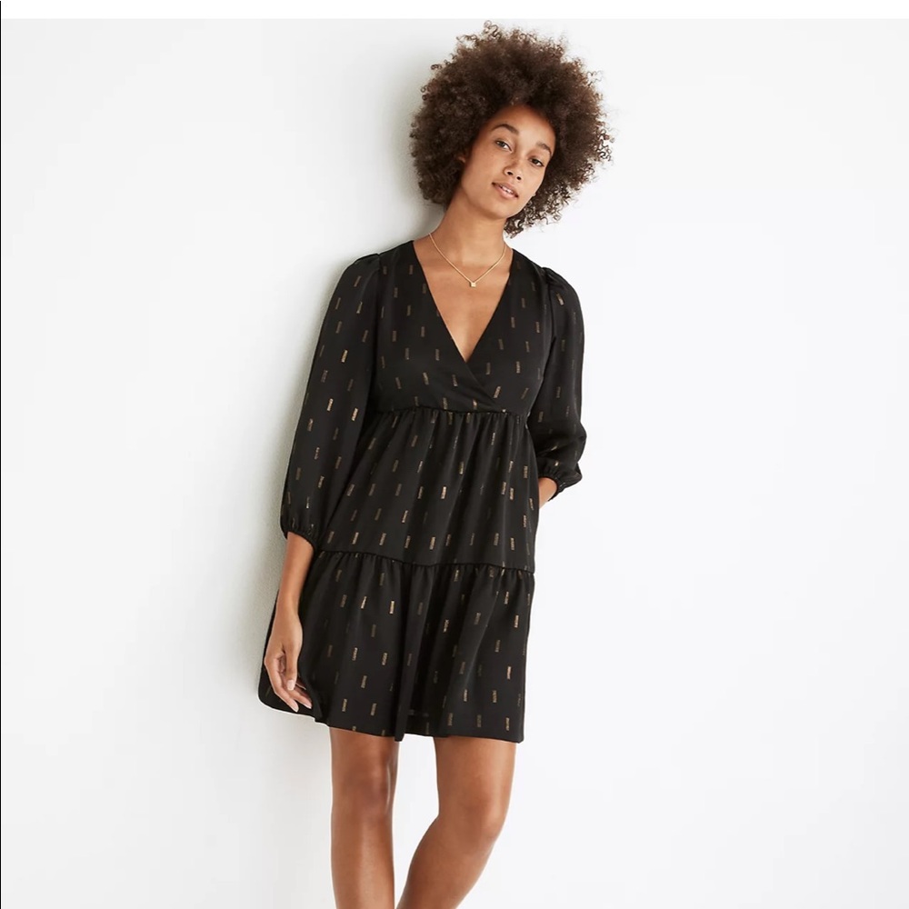 NWT Metallic Jacquard Faux-Wrap Tiered Mini Dress